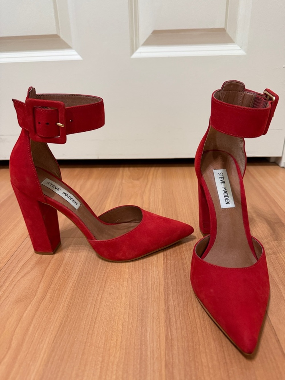Steve Madden Red Suede Pointed-Toe Ankle-Strap Block Heels